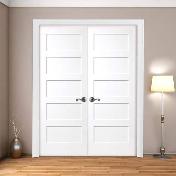 48 in. x 80 in. 5-Panel Shaker White Primed Solid Core Wood Double Prehung Interior Door with Nickel Hinges