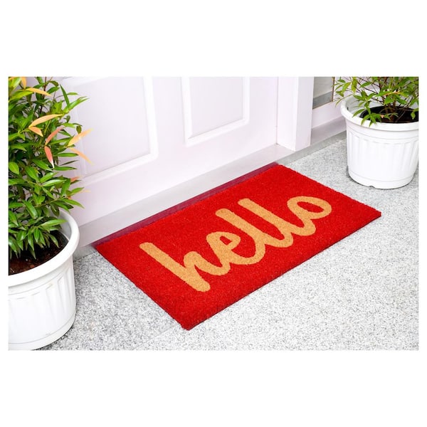 Hello Red/Natural Script 24 in. x 36 in. Door Mat