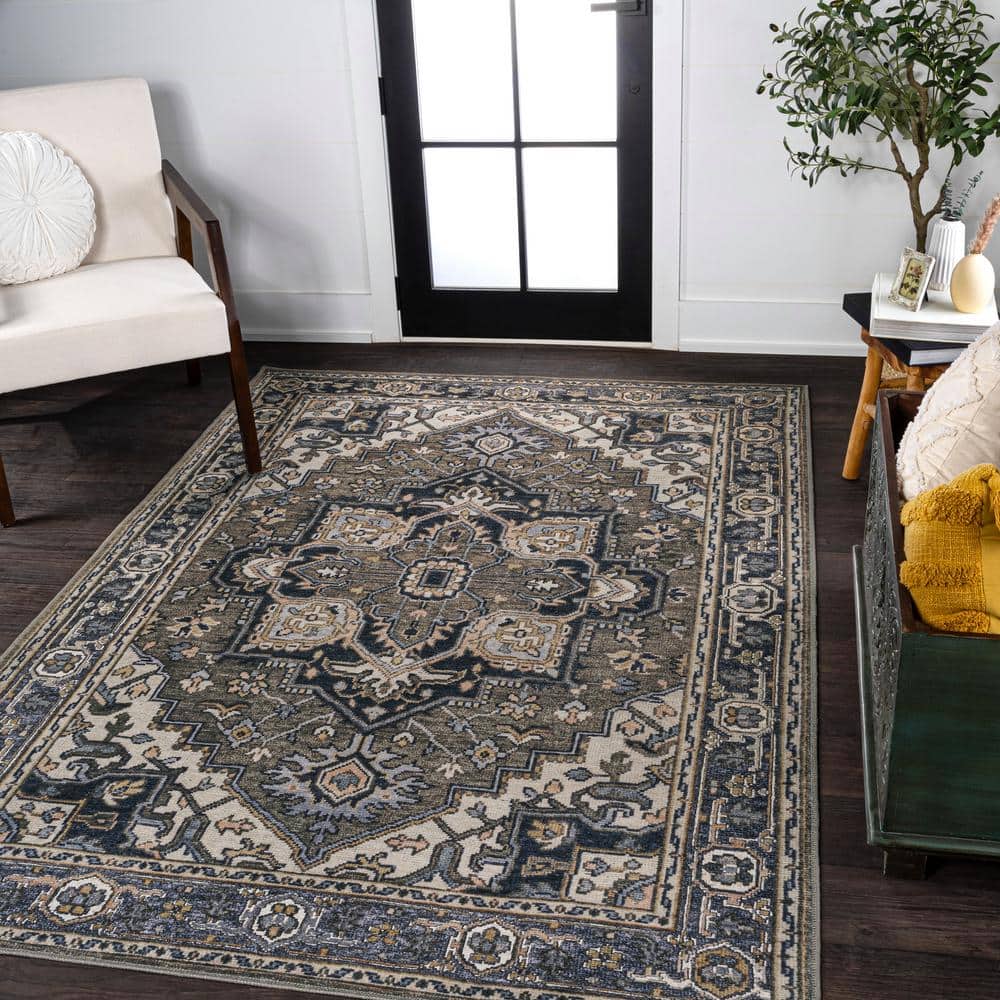 Cirali Green Navy Cream Washable Medallion Area Rug 4' x 6'