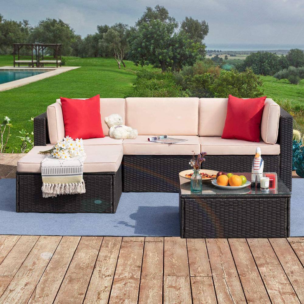 Tozey 5-Pieces Wicker Patio Conversation Furniture Outdoor Rattan Sofa ...