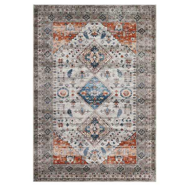Vintage Floral Carpet Oriental Distressed Rug Washable Rug Low Pile Non-Slip Camel, 8 ft. x 10 ft. Area Rug