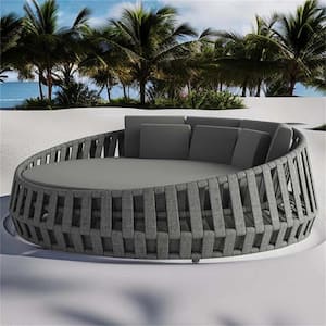 Outdoor Waterproof Grey Rattan Round Double Lounger with Grey Cushions