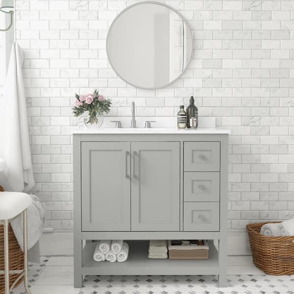 TAYLOR + LOGAN 36 in. W x 19 in. D x 38 in. H Single Sink Freestanding Bath Vanity in Gray with White Stone Top
