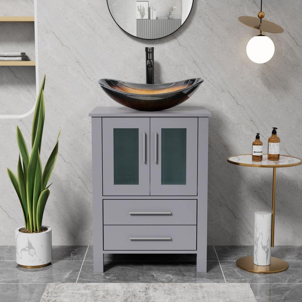 24 in. W x 20 in. D Single Sink Bath Vanity in Gray with Brown Oval Glass Vessel Sink Top with Faucet set price history on PriceWatchPro