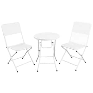 3-Piece Metal Outdoor Folding Bistro Set with Folding Round Table and Chairs for Garden in White
