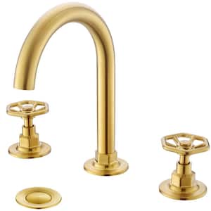 Brushed Gold, 3 Hole Widespread 8 in. Bathroom Faucet, Industrial Wheel Handle With Pop Up Drain and Water Supply Line