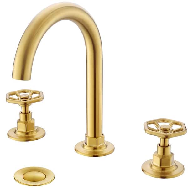 Phiestina Brushed Gold, 3 Hole Widespread 8 in. Bathroom Faucet, Industrial Wheel Handle With Pop Up Drain and Water Supply Line