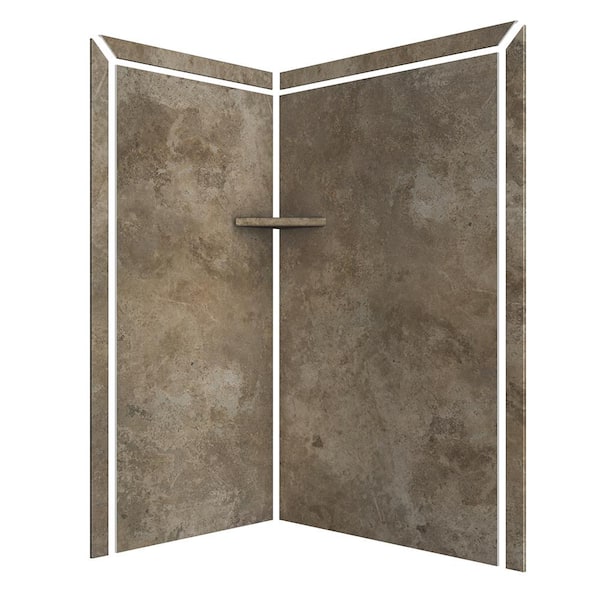Elegance 36 in. x 48 in. x 80 in. 7-Piece Easy Up Adhesive Corner Shower Wall Surround in Mocha Travertine