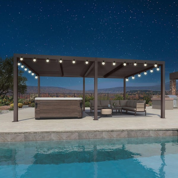 12 ft. x 20 ft. Bronze Aluminum Frame Outdoor Louvered Pergola with Adjustable Sunshade Roof and Solar String Lights