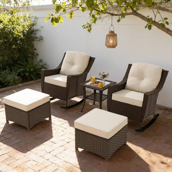 5-Piece Wicker Patio Outdoor Rocking Chair Set with Beige Cushions