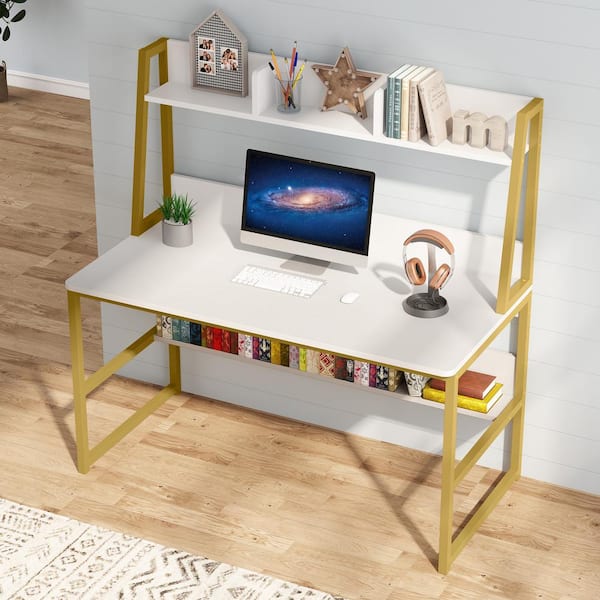 TRIBESIGNS WAY TO ORIGIN Halseey 63 in. Rectangular White Wood Computer Desk  with Gold Metal Legs, Modern Study Writing Table Conference Table  HD-YS0035-HYF - The Home Depot