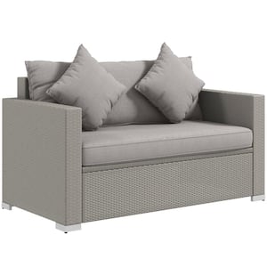 Modern Design Metal Outdoor Loveseat with Hand-Woven PE Rattan, Throw Pillows and Adjustable Feet Pads in Gray Cushions