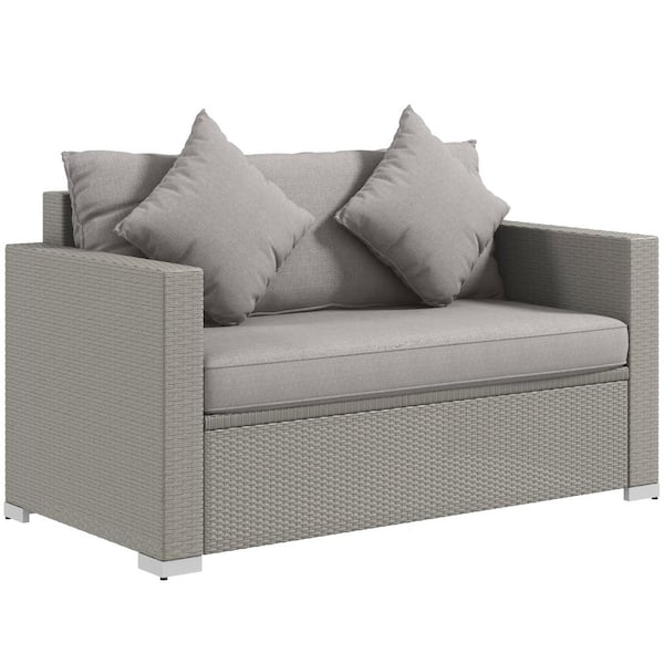 Oyezvary Modern Design Metal Outdoor Loveseat with Hand-Woven PE Rattan, Throw Pillows and Adjustable Feet Pads in Gray Cushions