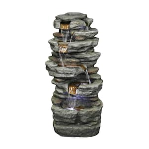 11.20 in. W Outdoor Garden/Yard Resin Rock Fountain With LED Light in 4-Crock with Contemporary Design in Gray