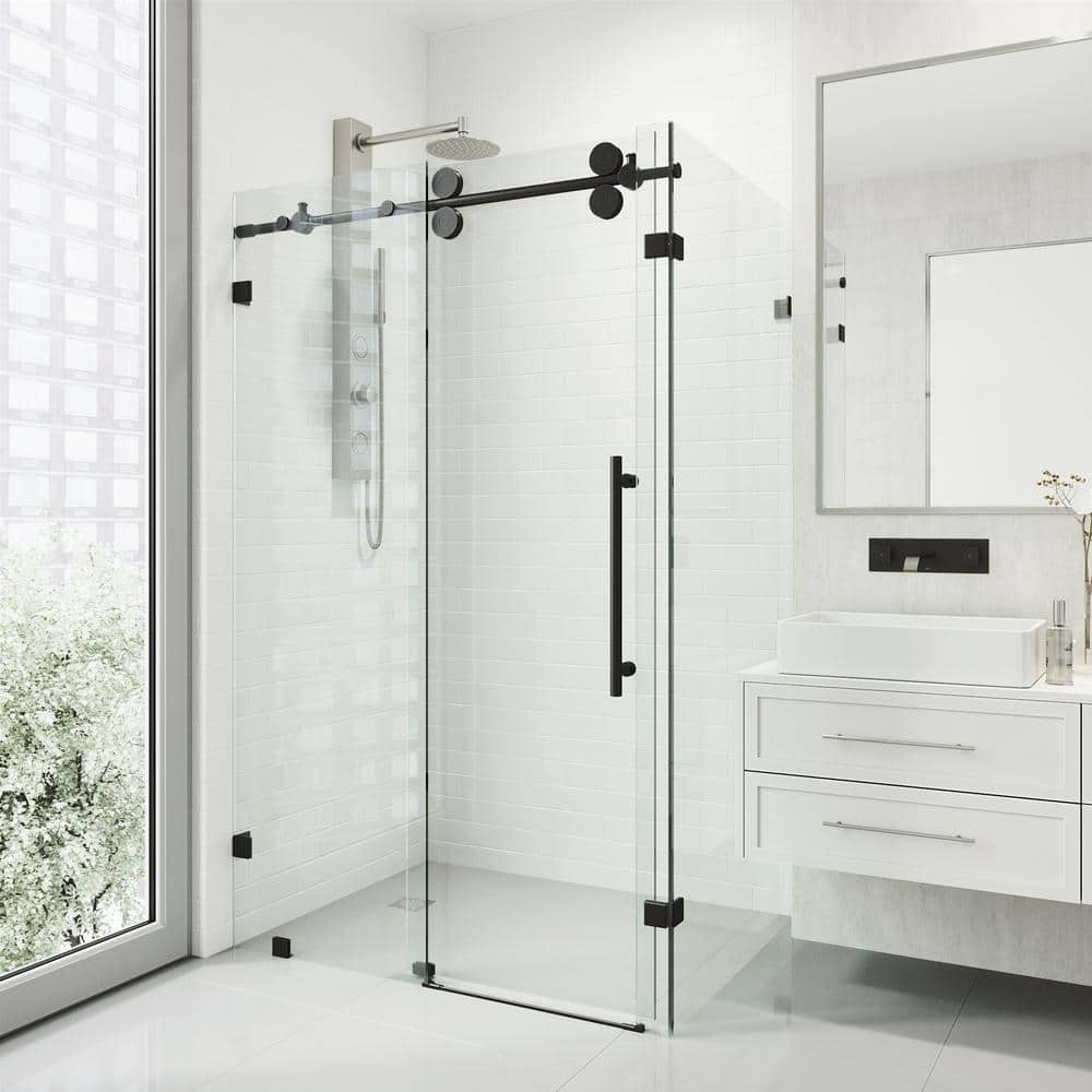 Winslow 46" Matte Black Frameless Sliding Shower Enclosure with Clear Glass