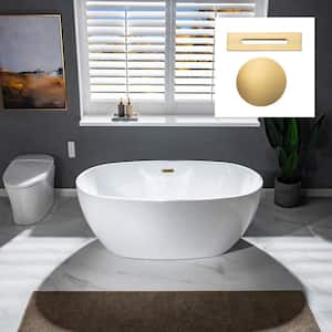 Reims 59 in. Acrylic FlatBottom Double Ended Bathtub with Brushed Gold Overflow and Drain Included in White