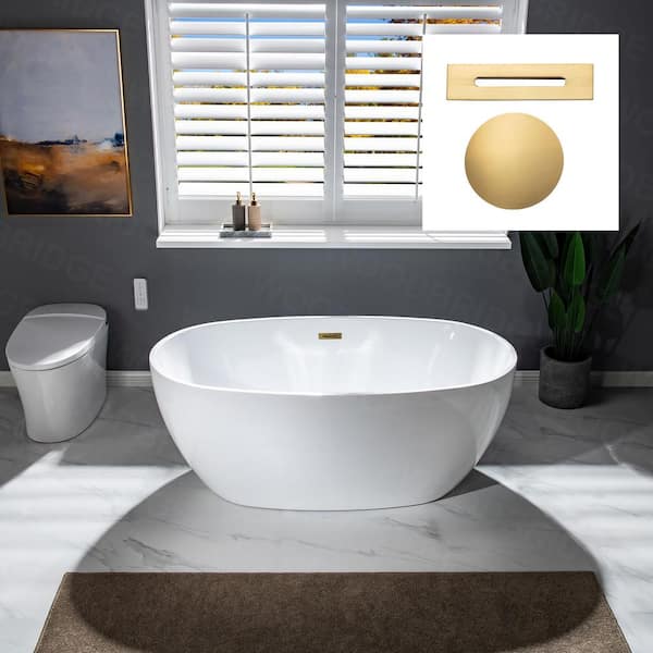 WOODBRIDGE Reims 59 in. Acrylic FlatBottom Double Ended Bathtub with Brushed Gold Overflow and Drain Included in White
