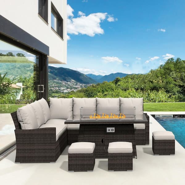 moda furnishings Jennifer Brown 6-Piece Wicker Patio Fire Pit Conversation Sofa Set with Beige Cushions