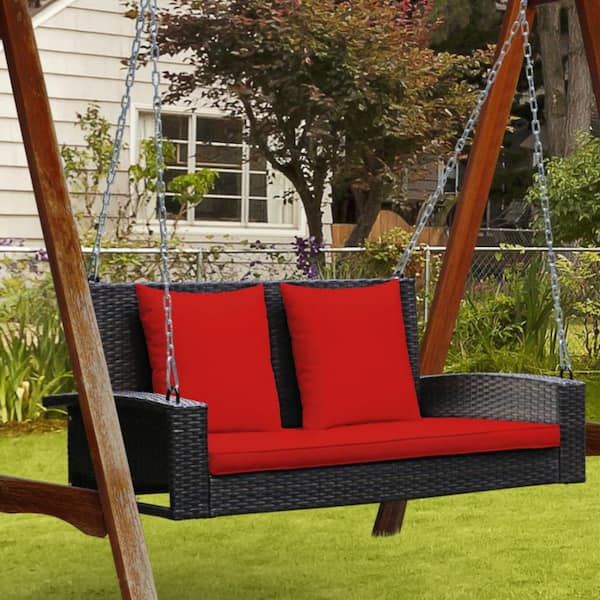 2-Person Wicker Patio Rattan Porch Swing with Red Cushions