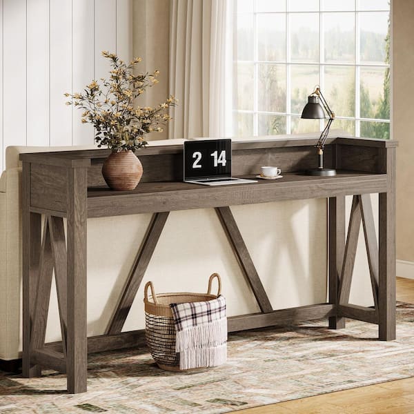 BYBLIGHT Turrella 63 in. Long Vintage Dark Brown Gray Rectangle Wood Console Table with Raised Baffle for Living Room, Entryway
