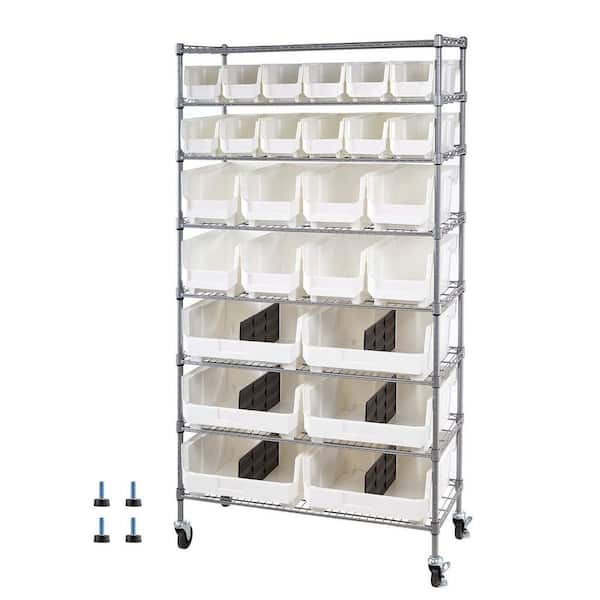 Mobile Steel Wire Storage Rack with Wheels, 8-Tier Rolling Bin Organizer, 26 Bins for Garage, Office, Kitchen, Warehouse