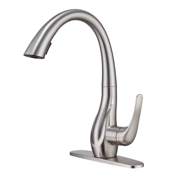 Mondawe Single-Handle Dual Function Mid Arc Pull-Down Sprayer Kitchen Faucet Deck Mount Kitchen Faucet in Brushed Nickel