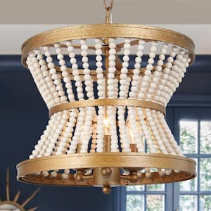 3-Light Antique Gold Drum Island Chandelier Light with Wooden Beads