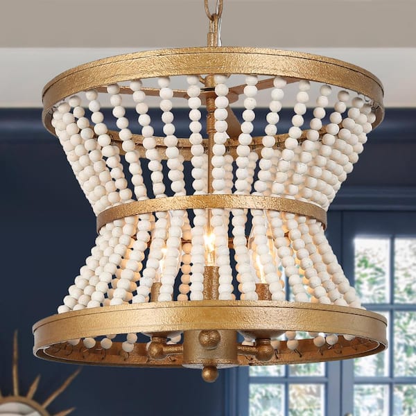 Uolfin 3-Light Antique Gold Drum Island Chandelier Light with Wooden Beads