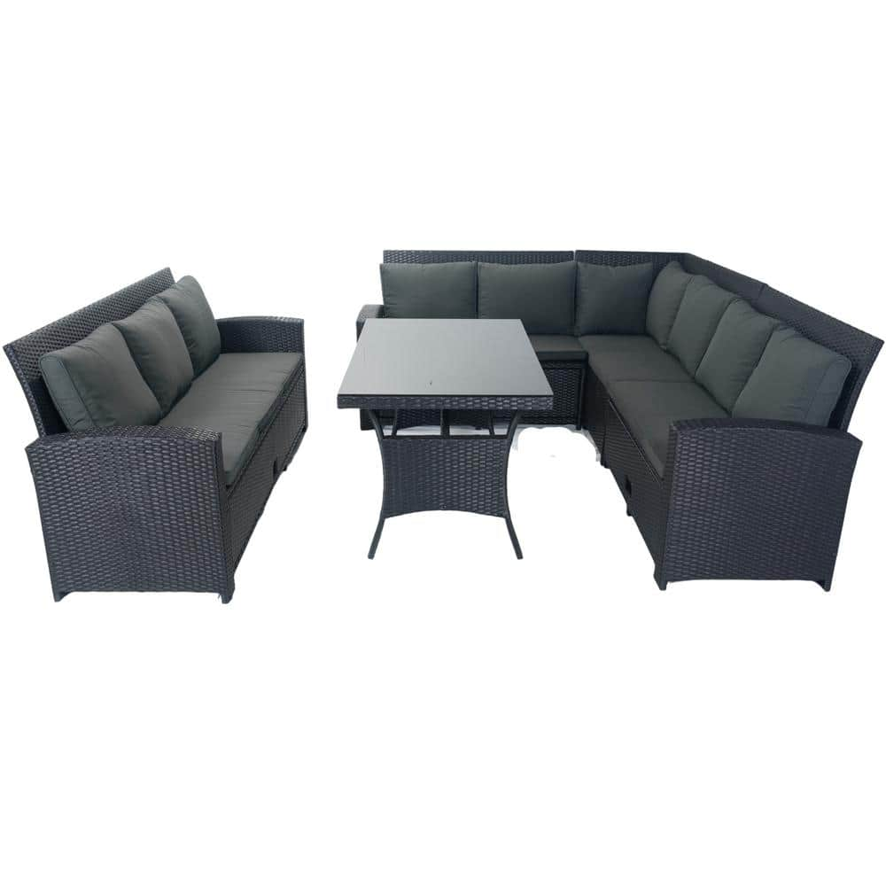 5-Piece Wicker Outdoor 9 Seater Sectional Set with 3 Storage Under Seat Black Wicker and Dark Grey Cushions