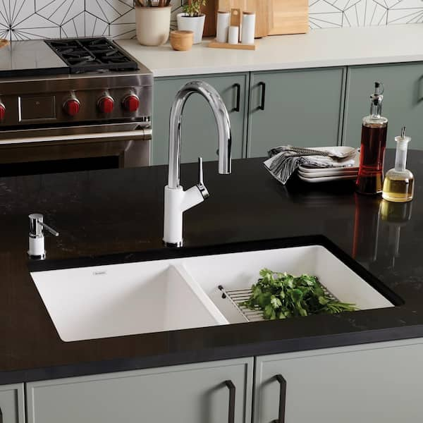 PRECIS Undermount Granite Composite 29.75 in. 50/50 Double Bowl Kitchen Sink in White