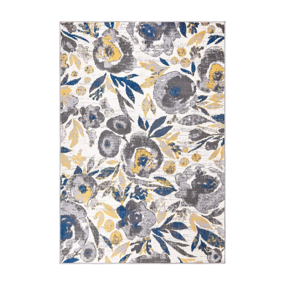 Ivory Floral Bliss 5' x 7' Easy-Care Synthetic Area Rug