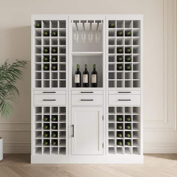 4-Bottle White MDF Modular Wine Rack Wine Bar Cabinet with Hutch