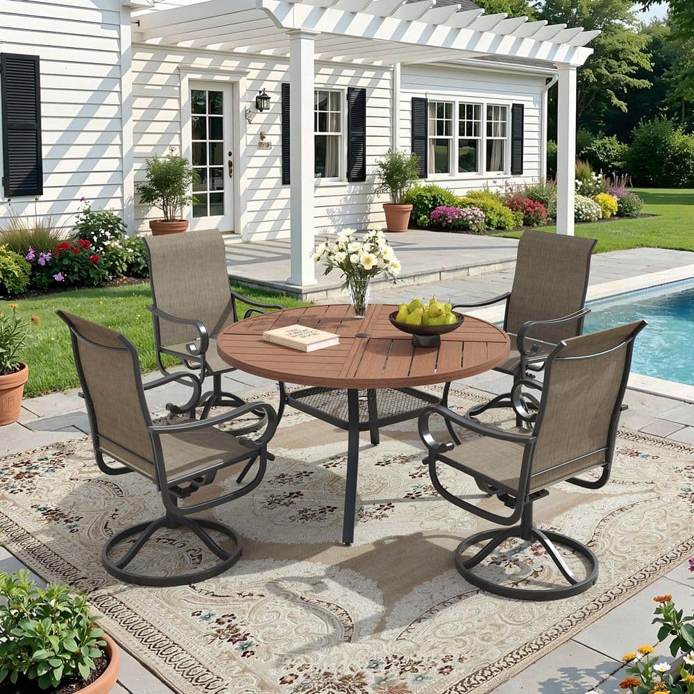 5-Piece Metal Outdoor Dining Set with 40.6 in. Walnut Slat Round Table and 4 Brown Patio Textilene Swivel Rocking Chairs price history on PriceWatchPro