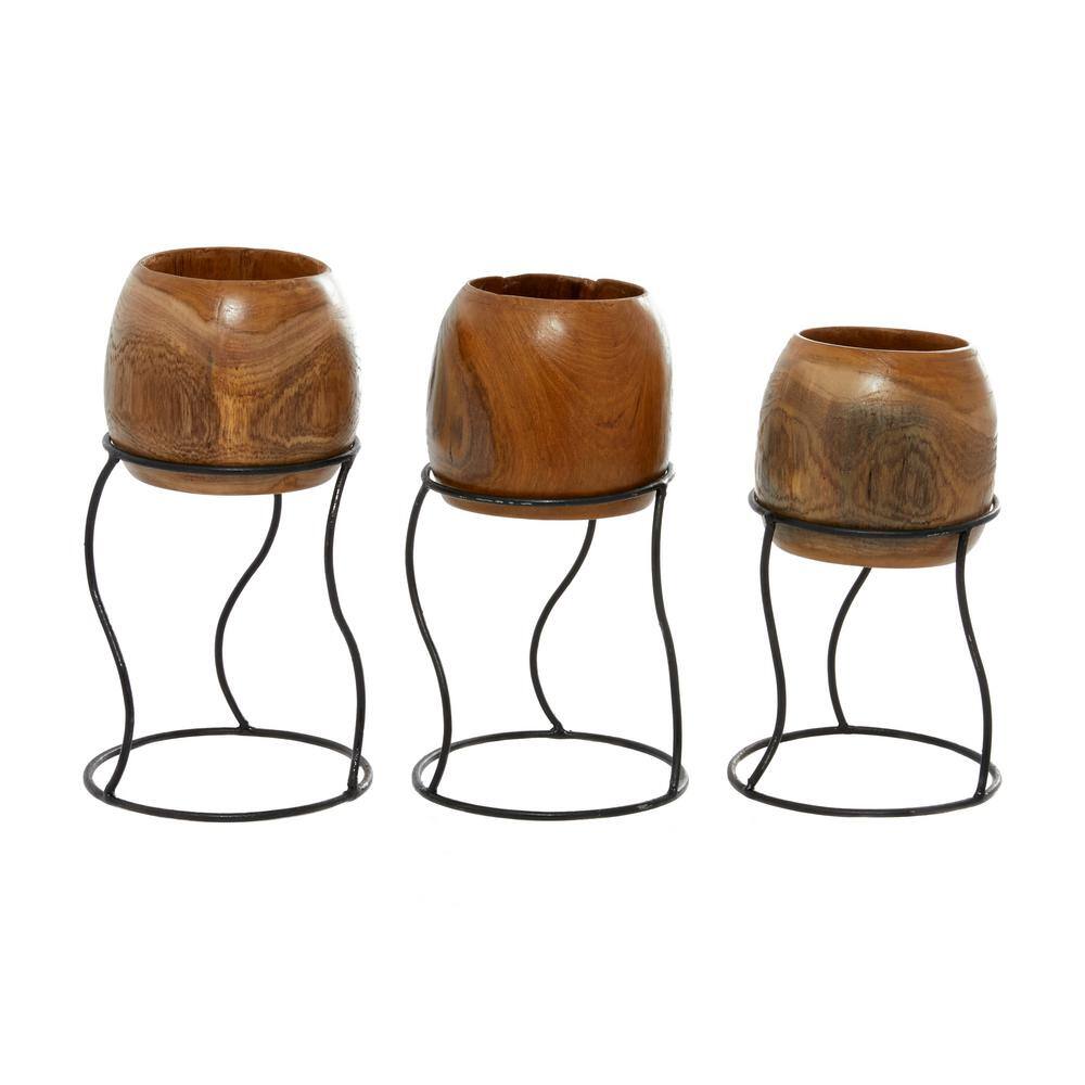 Rustic Teak Wood and Iron Planter Set with Wavy Stand, 3 Pieces