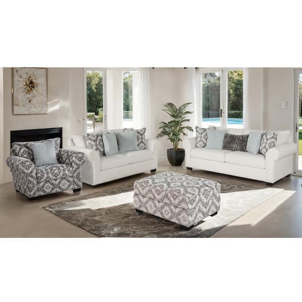 Ayala 4-Piece White Polyester Upholstered Living Room Set with Ottoman, Sock Rolled Arms, Loose Back Cushion
