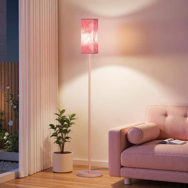 65 in. Pink 1-Light Lantern Floor Lamp with Linen Shade and No