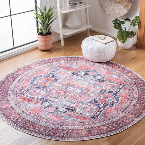 Serapi Red/Navy 7 ft. x 7 ft. Machine Washable Border Floral Round Area Rug