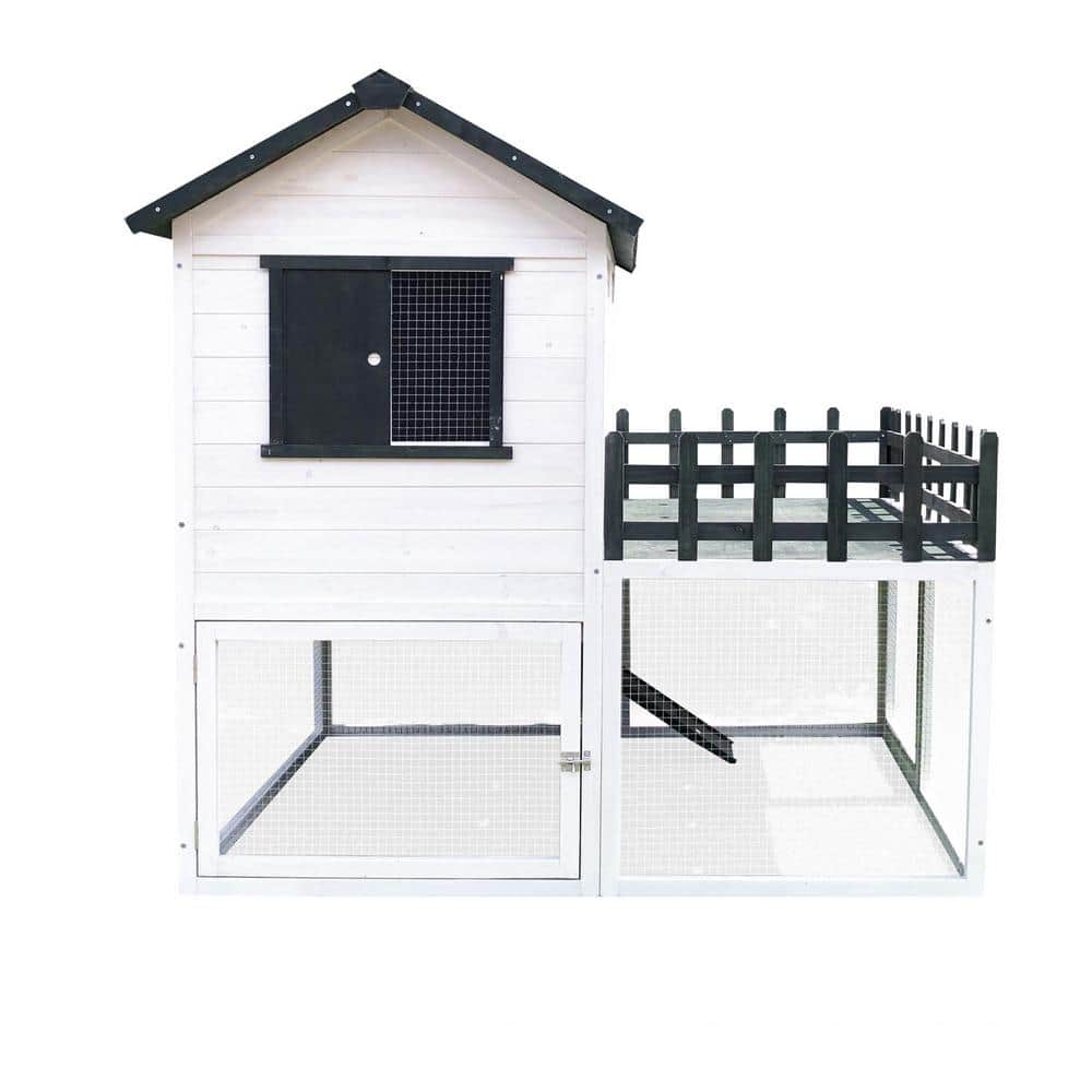 White and Black Elevated Wooden Chicken Coop with Ramp and Wire Mesh Run