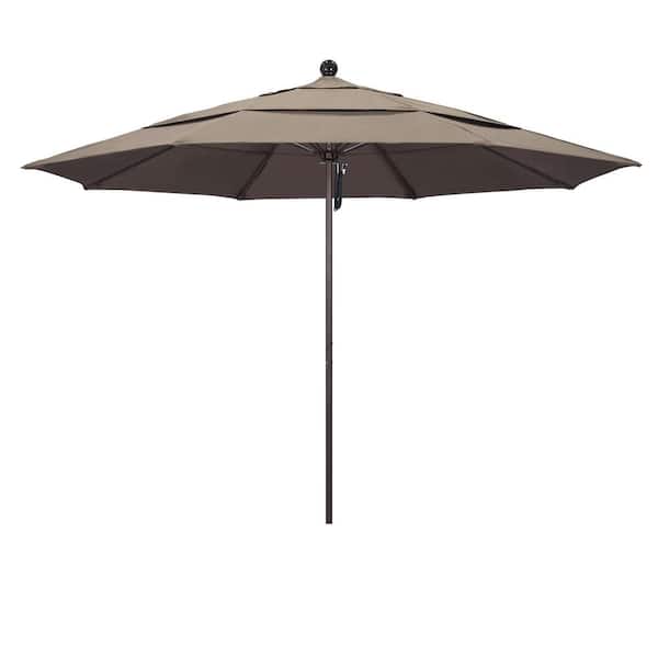 California Umbrella 11 ft. Bronze Aluminum Commercial Market Patio Umbrella with Fiberglass Ribs and Pulley Lift in Taupe Sunbrella