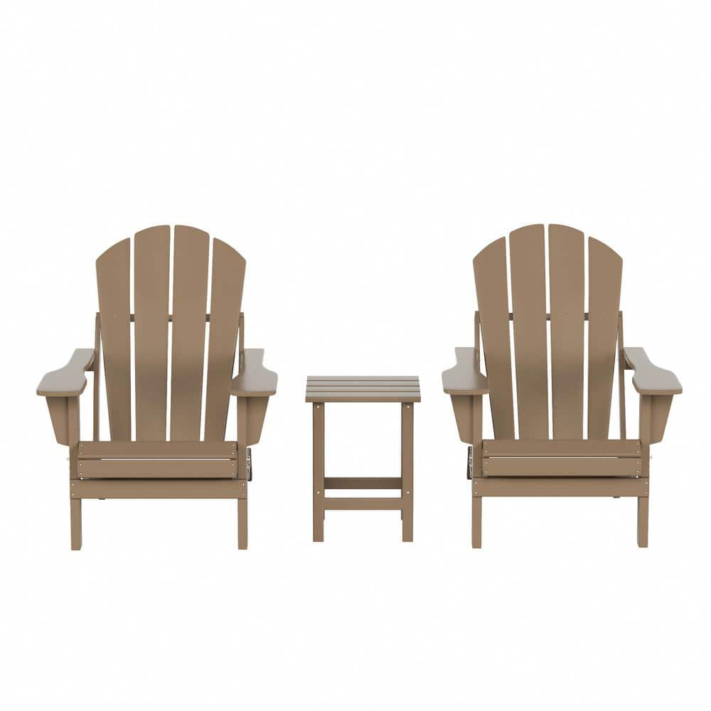 Weathered Wood 3-Piece HDPE Adirondack Chair Set with Side Table