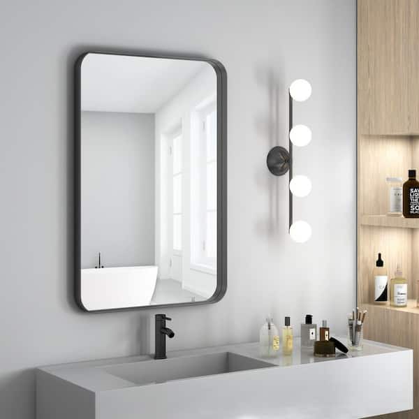 Tileon 28 in. W x 18 in. H Rectangular Metal Framed Rust-Proof Hanging Wall Mount Bathroom Vanity Mirror in Black