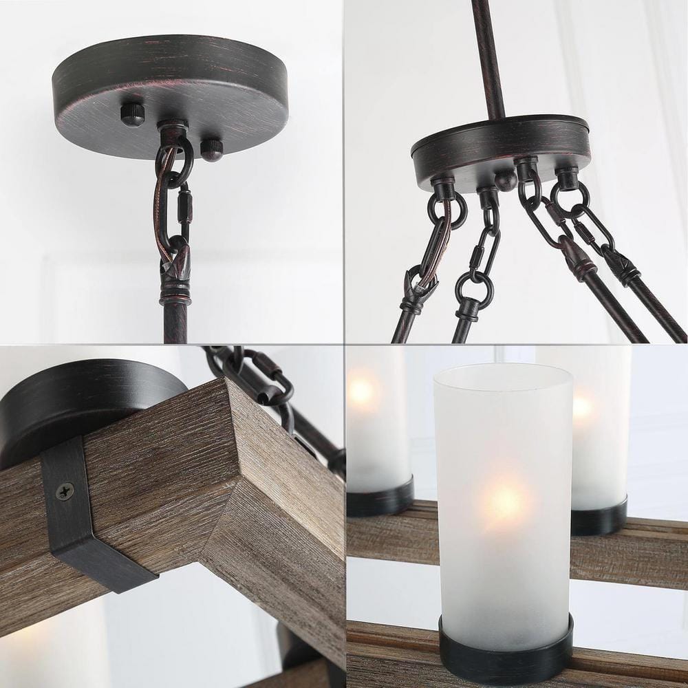 Rustic Bronze and Wood Chandelier with Frosted Glass Shades
