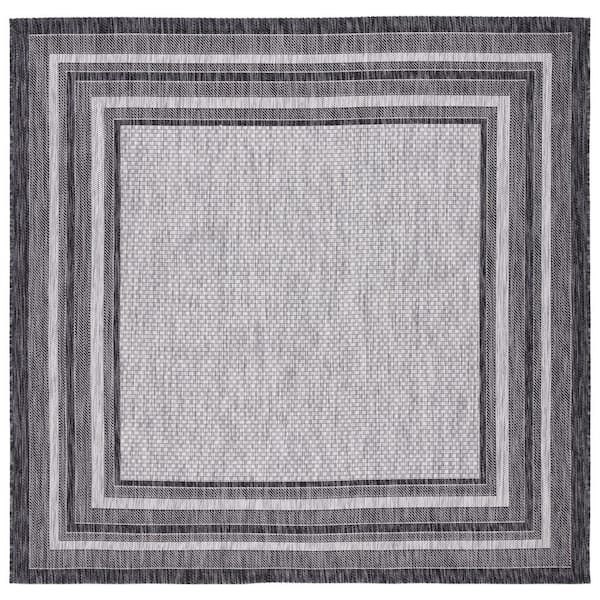 Courtyard Light Gray/Black 9 ft. x 9 ft. Solid Color Striped Indoor/Outdoor Square Area Rug