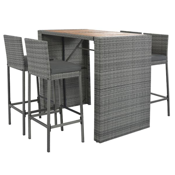 Miscool Anky 5-Piece Wicker Rectangle Bar Height Outdoor Dining Set with Gray Cushions, Acacia Wood Table Top