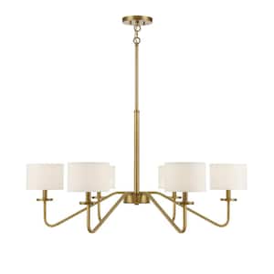 Meridian 42 in. W x 18 in. H 6-Light Natural Brass Chandelier with White Fabric Shades