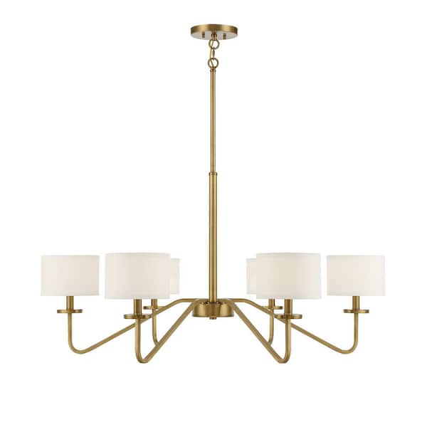 TUXEDO PARK LIGHTING 42 in. W x 18 in. H 6-Light Natural Brass Chandelier with White Fabric Shades
