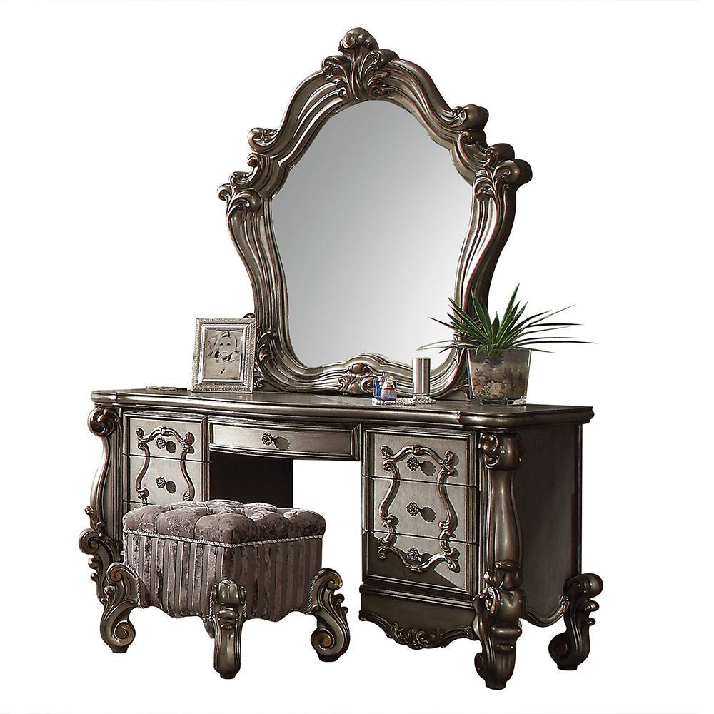 Antique Platinum Versailles Vanity Desk with Bench and Mirror