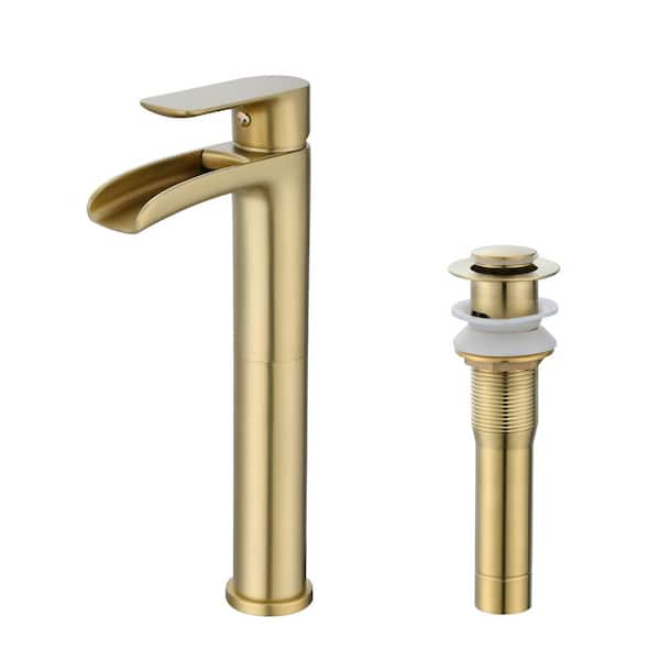 YASINU Single Handles Waterfall Vessel Sink Faucet with Pop-Up Drain assembly in Brushed Gold