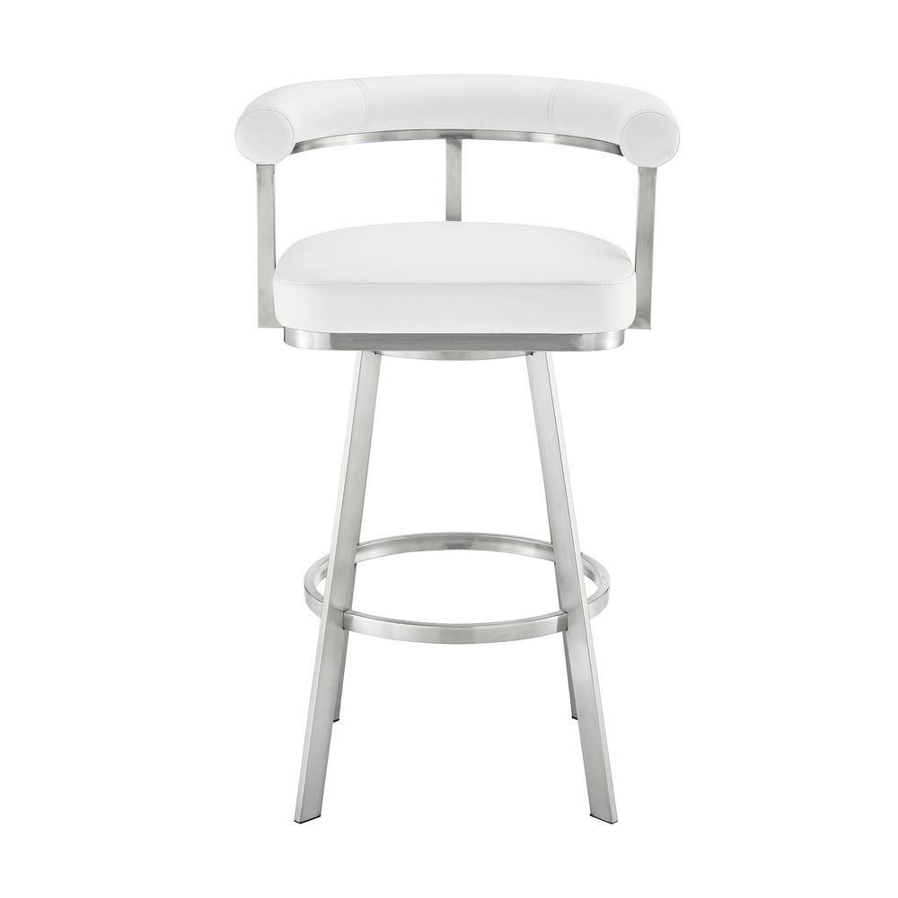 White Faux Leather Swivel Counter Stool with Brushed Stainless Steel Frame