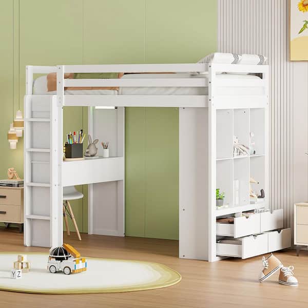 Polibi Twin Size Loft Bed with large shelves, writing desk and LED Light, White